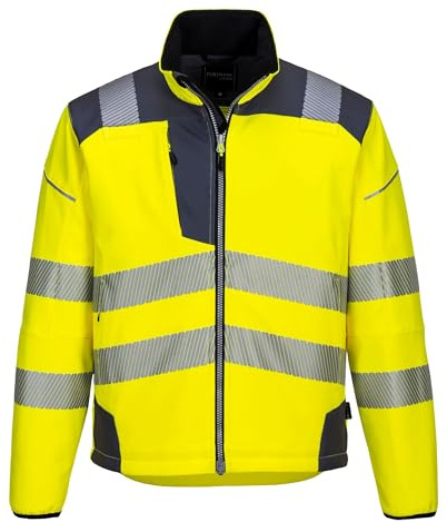 Portwest T402 Men's PW3 Hi Vis Safety Jacket - Windproof Water Resistant High Visibility Reflective Softshell Jacket Yellow/Grey, Medium