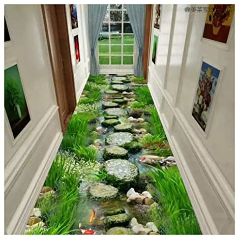 Siunwdiy Teppich Läufer Flur Lang 60x100 cm Grün - 3D Naturmotiv mit Wasser & Pflanzen - Rutschfester Waschbarer Küchenteppich für Korridor/Schlafzimmer/Wohnzimmer - Moderner Flurläufer als Meterware