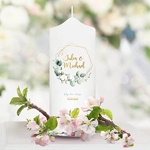Wandtattoo Loft Hochzeitskerze personalisiert mit Namen und Datum, Motiv mit Eukalyptuszweig, 18cm x 7cm, personalisierte Gastkerze, Hochzeit Kerze selbst gestalten, Hochzeitsgeschenk, Valentinstag
