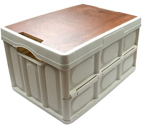 Roellgs Folding Storage Box - Wooden Cover, Thickened, Outdoor, Foldable, Multifunctional, Camping, Car Storage, Bedside Table (52.5x35x28.5)