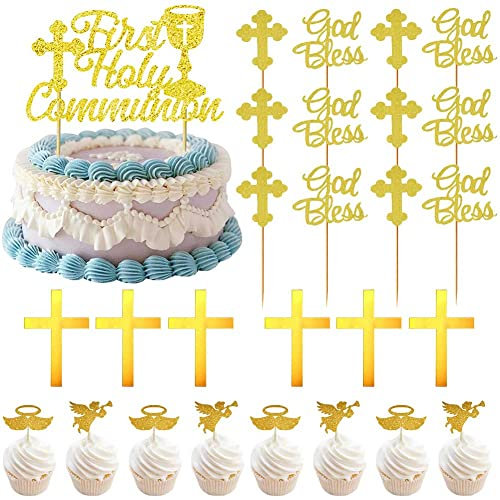 Kommunion Tortendeko,35 PCS Glitzer Gold First Holy Communion Kuchen Topper,Cake Topper Gold Acryl,Taufe Cake Topper,mit Engel Taube Kreuz Heiliger Gral Muster Kuchendekoration,für Erstkommunion