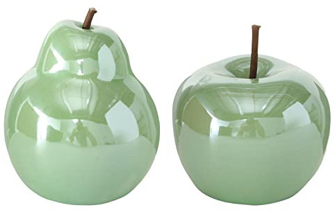 ReWu Dekoobjekt Apfel und Birne aus Porzellan mit Perlmutt Finish Dekoaufsteller H: 7-11 cm, Ø 10 cm Dekoobst mit Stiel