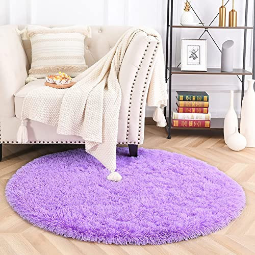MARATIP Plüsch Teppich Rund,Flauschiger Teppich Rund, modernes Wohnzimmer, Kinder Mädchen,weicher und Flauschiger Teppich für das Schlafzimmer/Wohnzimmer/Kinderzimmer(Violett,Ø 150 cm Rund)