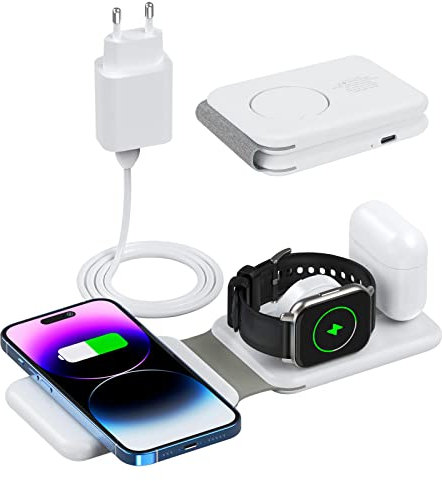 Olycism 3 in 1 Caricatore Wireless Pieghevole Magnetica per Caricatore Wireless Compatibile con i Phone 14 13 12 11 Pro Max/Mini/XS/XR iWatch 8/7/6/SE/5/4/3/2 con Adattatore Bianco