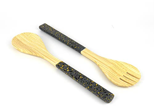 Jungle Culture® Ensaladera grande de bambú • Pinzas de madera natural con asas de estilo terrazo negro • Vajilla de ensalada de frutas y madera • Juego de cubiertos de cuchara y tenedor