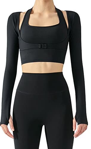 FEOYA Damen Gerippte Sport Oberteile mit Daumenloch Bauchfrei Langarm Laufshirt 2 in 1 Sportshirt für Yoga Fitness Gym Workout Radfahren Jogging L