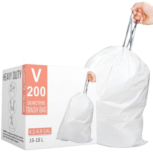 Makeronics Code V 4.2-4.8 Gallon Heavy Duty Drawstring Plastic Trash Bags Compatible with simplehuman Code V | 200 Count (Pack of 1) | 1.2 Mil | White | 16-18 Liter