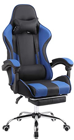 Panana Racing Gaming Chair Padded Armrest Reclining Gas Lift Swivel Chair with Footrest (Blue)