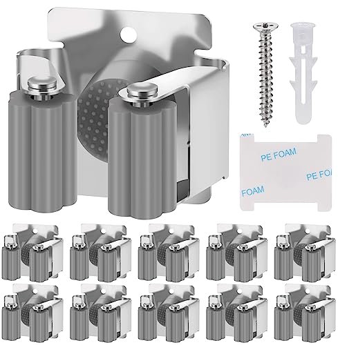 Hejo Appendi Scopa da Muro, 10 Pezzi Portascope da Muro, Gancio per Scopa Autoadesivo, Supporto per Scopa a Parete per Cucine, Giardini, Garage, Bagni e Uffici, Grigio