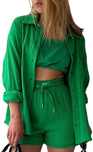 Geagodelia Damen Zweiteiler Elegant Hosenanzug Sommer Outfits Kleidung 2 Teiler Set Bluse Top + Shorts Y2k Aesthetic Clothes Loungewear Anzug (A - Grün, S)