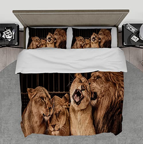 HengYun ART Lustiges Tier Bettbezug 3-teilig Afrika Löwe Bettwäsche-Set Wilde Tiere Bettbezug mit Reißverschluss 4 Krawatten und 2 Kissenbezüge 180x200cm