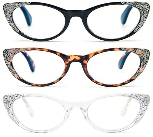 KoKoBin Paquete de 3 gafas de lectura para mujer, diseño de ojo de gato, color azul, para bloquear la lectura, con bisagras, con bisagras, con resorte (lote de 3, 1,5)