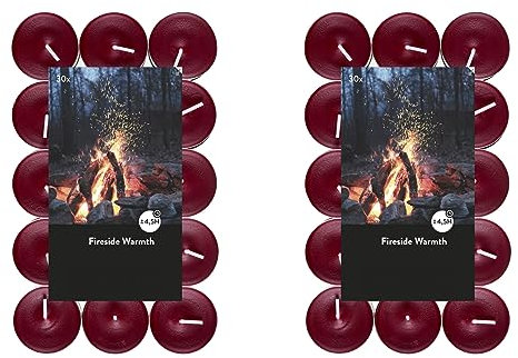 Teelichter Duft 2x30 Stück (60 Teelichter) - Brenndauer: 4,5 Std., Rußfrei - für Windlicht, Teelicht-Glas, Kerzenständer - Weihnachten, Deko, Hochzeit, Gastro (Weinrot - Duft: Fireside Warmth)