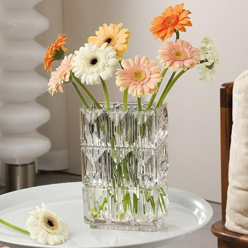 Comealltime Aesthetic Heavy Glass Flower Vase, Blumenvase Modern Vasen Deko für Blumen und Trockenblumen, Glasvase für Büro Zuhause Wohnzimmer Esstisch Dekovase Tischvase, Crystal Transparent