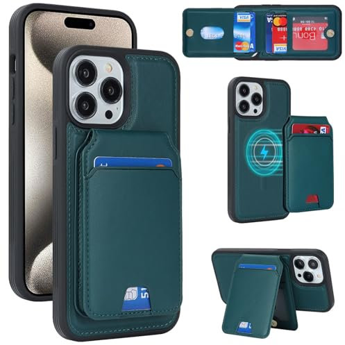 Zouzt for iPhone 15 Pro Max 6.7 Inch Detachable 2 in 1 Wallet Case with Card Holder for Magsafe, Magnetic PU Leather Flip Credit Slot Protective Phone Cover Women Men - Green