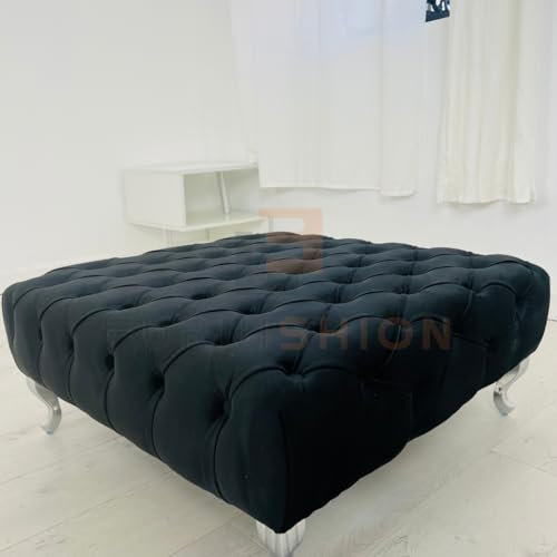 Furnishion Black Plush Large Coffee Table 30Inch x 30Inch x 12Inch - Deep Buttoned Chesterfield Footstool In Black Plush Velvet