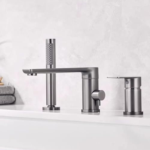 BiaoTeng Mitigeur De Baignoire 3 Trous Rotation à 360° laiton Mitigeur Baignoire Trois Trous Robinet Baignoire Avec Douchette 3 Trous, gris