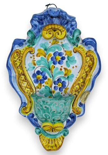 Acquasantiera in Ceramica Siciliana - h 23 x L 14 cm ca. Decoro Barocco e Fiore MD11