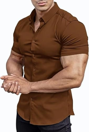 EOUOSS Men’s Muscle Fit Dress Shirts Athletic Slim Fit Short Sleeve Stretch Casual Button Down Shirt, Brown, Medium