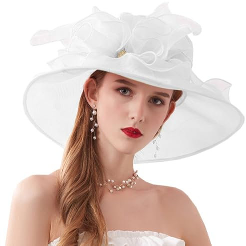 ZESLIV Damenhut Organza Hut Hochzeit Anlasshut Brauthut Sonnenhut mit Organza Blumen Sommerhut Sonnenschutz Strandhut, Weiß