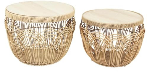 AltoBuy Jaya - Lot de 2 Tables en Rotin Synthétique et Plateau MDF Imitation Bambou
