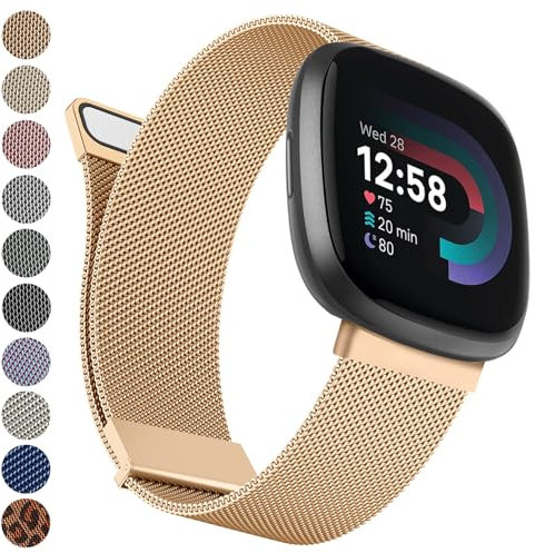 Metal Strap for Fitbit Versa 4, Sense 2, Versa 3, Sense - Adjustable Stainless Steel With Double Magnetic Clasp Replacement for Women Men (Rose Gold)