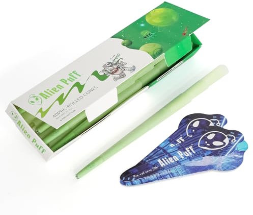 Alien Puff 40 Packs Konisch Vorgedrehte Cones, Green Pre Rolled Cones, (110mm King Size Cones) Long Cones, Mit Tips & Packschläuchen Enthalten Langsam Brennend