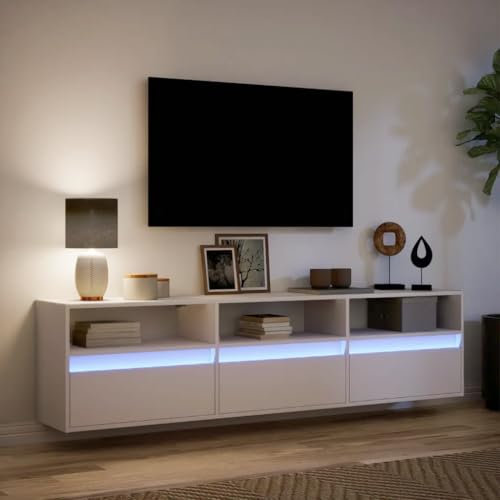 Canditree Meuble TV Suspendu avec Lumières LED, 180 cm Meuble TV Mural avec Rangement étagère TV Murale Meuble TV Flottant (Blanc)