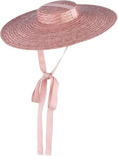 getuse Damen Vintage Strohhut Bootshut - Flat Top Wide Brim Floppy Derby Sonnenhut mit Kinnriemen - Rosa Strandhut für Sommer, Outdoor und Reisen, Pink