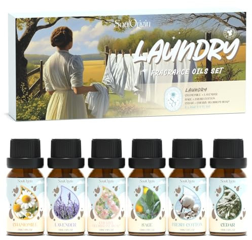 SoulOrigin Wäscherei Ätherisches Öl Set, Duftöl Set für Öl Diffuser, Duftöle für Seifen Kerzen Herstellung 6x10ml Kamille, frische Baumwolle, Lavendel und Kirschblüten Seife