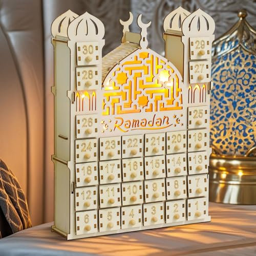 Skeadex Ramadan Deko Adventskalender, Ramadan Kalender zum Befüllen mit LED-Licht und 30 Schubladen, Umrah Mubarak Deko Adventskalender zum Befüllen Holz Ramadan Countdown Kalender Kinder Familien