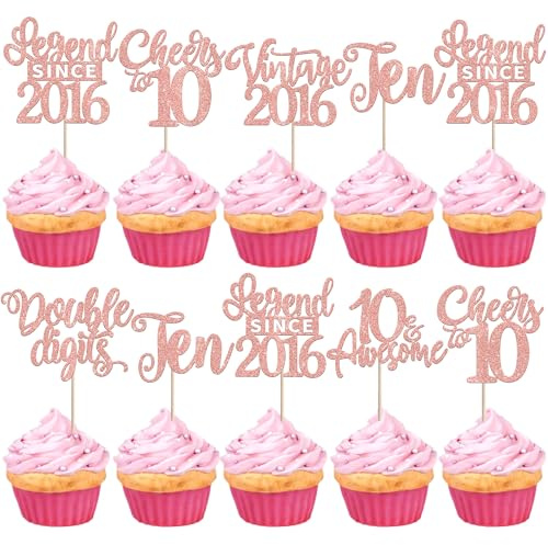 Xsstarmi 24 Pack Legend Since 2016 Cupcake Toppers Glitter Double Digits Vintage 2016 Cupcake Picks Cheers to 10 Awesome Ten Cake Decorations for Happy 10th Birthday Party Supplies Rose Gold