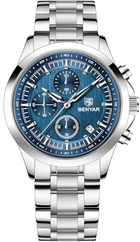 BENYAR Uhren Herren Analog Quarz Chronograph Herrenuhren 50M Wasserdicht Leuchtende Datum Armbanduhr Lässig Business Uhren Klassische Elegantes Geschenke für Herren (5210 Silber Blau)