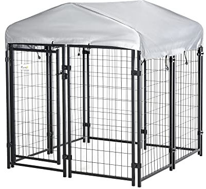 PawHut Chenil extérieur avec Toit enclos extérieur pour Chien auvent résistant aux UV Conception verrouillable Cadre en métal 120 x 120 x 138cm Noir