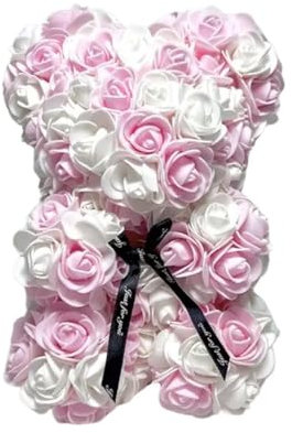 Pink & White Rose Bear in Gift Bag, Flowers for any occasion Valentines Day, Birthday, Engagement, Anniversary, Baby Shower, Christening, Mother’s Day and Christmas.