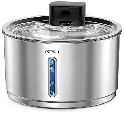 NPET Stainless Steel Wireless Cat Fountain, 1Gallon/135oz Battery Operated Automatic Pet Drinking Fountain - Cordless Dog Water Dispenser with Water Level Window for Cats Indoor