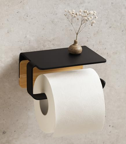 KAZAI. Toilettenpapierhalter ohne Bohren | Metall mit Echtholz-Bambus | Klopapierhalter mit Ablage zum Kleben | Klorollenhalter Bad | WC-Papier-Halterung | Schwarz, Bambus