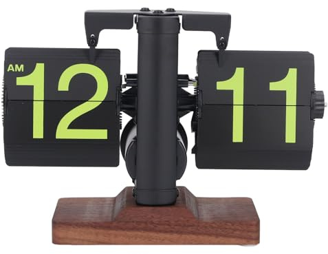 SIXRUN Hochwertige Einseitige Flip-Uhr mit Sockel aus Walnussholz, Automatische Umblätter-Retro-Uhr für Büro- und Heimdekoration (Schwarze Rahmenseiten, Fluoreszierende Buchstaben)