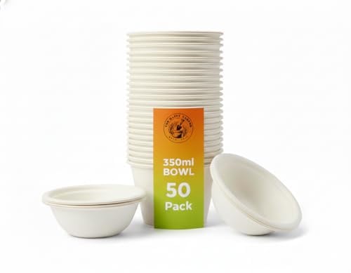 The Happy Garden Bagasse Bowls (350 ml, Pack of 50) - Disposable Compostable Sugarcane Paper Bowl, Heavy Duty, Microwave & Freezer Safe, Ideal for Parties