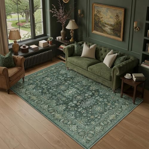 PureCozy Vintage Teppich Wohnzimmer 120x170cm Grün Schlafzimmer | Wohnzimmerteppich Waschbarer Carpet,Weich Rutschfest Teppiche,Esszimmer Büro Kurzflor Groß Tepich Carpets Rug