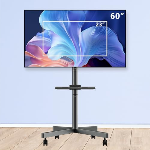 THEGA Support Mobile pour Téléviseurs Intelligents LED OLED 4K De 23 À 60 Pouces, Supporte Jusqu'à 45 Kg, Chariot À roulettes pour Écrans LCD avec Plateau De Rangement, Hauteur Réglable