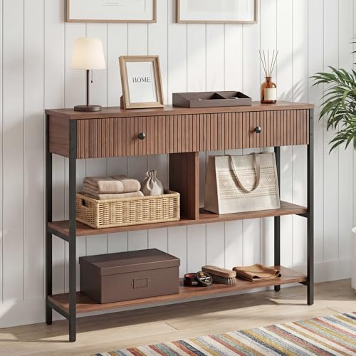 Manora Console Meuble, Console d'entrée étroite avec 2 Tiroirs et 2 étagères, Tables Consoles de Salon en Bois, Une Console Peut être Utilisée Derrière Un Canapé, dans Un Couloir, 100 x 24 x 76cm