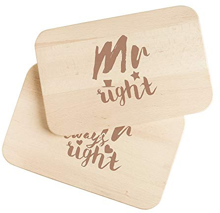 2er Set Frühstücksbrettchen aus Holz Mr Right & Mr Always Right – Küchenbrett – Schneidebretter mit romantischer Gravur – Hochzeitsgeschenk für gleichgeschlechtliche Paare – Valentinstag – Standard