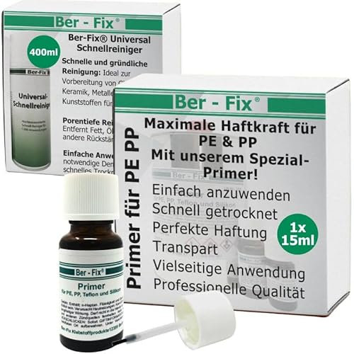 Ber-Fix 15ml Primer für PE, PP, Silikon und Teflon + 400ml Universal Schnellreiniger Vielseitiger Haftvermittler für Industriekleber, Sekundenkleber, 2K Kleber und mehr Schnelle