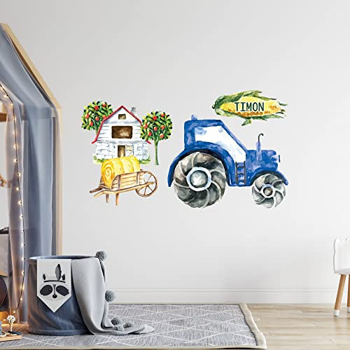 GRAZDesign Wandtattoo Kinderzimmer Junge Blau, Traktor Trecker mit Namen, Babyzimmer personalisiert, Entfernbare Wandsticker, Wandaufkleber Jungen / 53x30cm