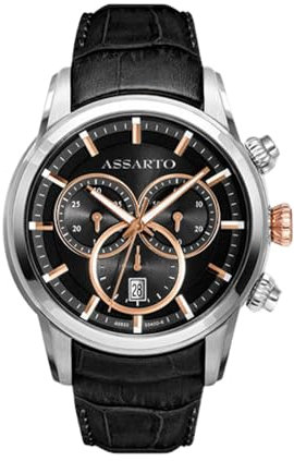 ASSARTO® - Herren Uhr (Schwarz/Silber) 316L Edelstahl Gehäuse & Leder-Armband - Schweizer Quarzwerk - Männer Chronograph Herrenuhr & Armbanduhr (Timekeeper Collection) analog, wasserdicht