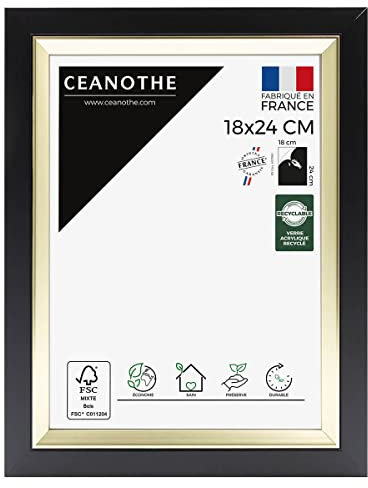 Ceanothe Cadre Photo 18x24 cm Noir et Doré Convient au A5 Baguettes avec finition intérieure de la Collection Actual Verre acrylique Incassable Fabriqué en France