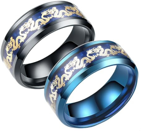 Left Girl 2 Stücke Titan Stahl Ringe Drache Schwarz Und Blau Mannnes Geschenke Hochzeit Band Schmuck Größe 6-12-13_Blau + Schwarz