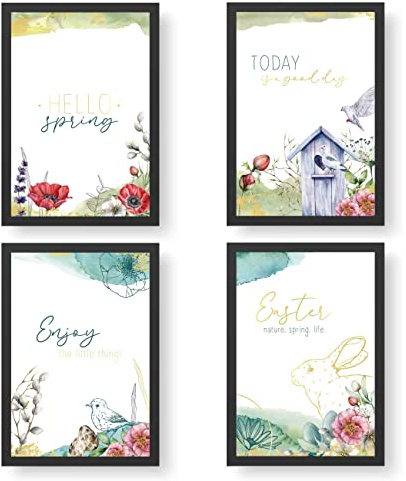 Papierdrachen 4 Premium Poster zu Ostern | DIN A4 | Wandbilder für Wohnzimmer und Küche - Wasserfarben mit Goldfolierung - hochwertige Kunstdrucke | Dekoration | Wandbild Set