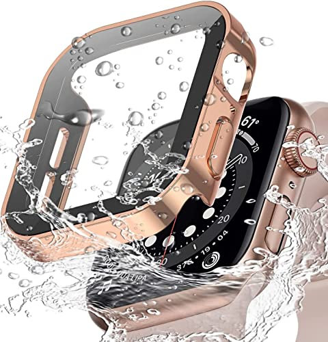 Miimall Funda para Apple Watch Series SE/6/5/4 44mm, Funda de PC Impermeable [Protector de Pantalla Vidrio Templado], Anti-Choque Cobertura Completa Carcasa Protectora para iWatch SE 44mm-Oro Rosa